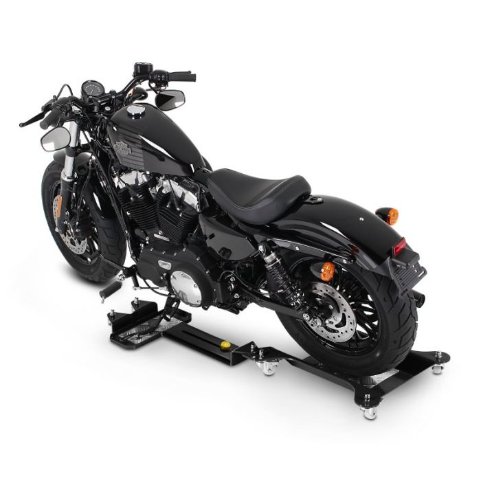 Dolly moto ConStands M3, negru, reglabil pentru motociclete și scutere.