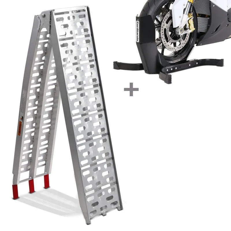 Set stander roata fata Constands Easy-Plus si rampa incarcare moto pliabila din aluminiu CS1 max 340kg